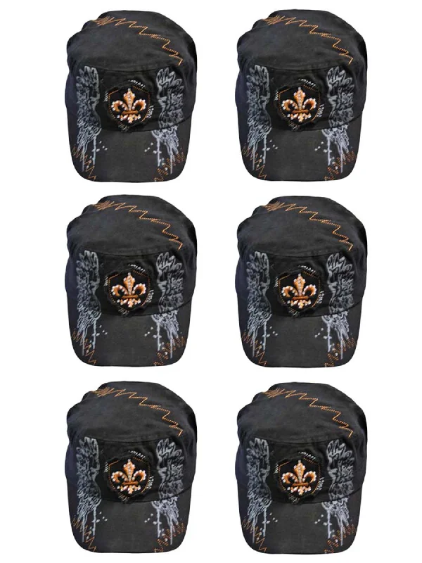 Beanies for exercise-6-Pack Black Cadet Hat With Rhinestone Fleur De Lis