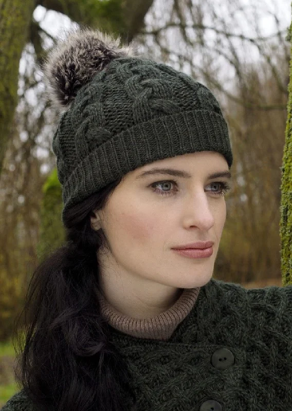 Beanies with perfect snow activities-Aran Cable Knit Pom Pom Hat | Green