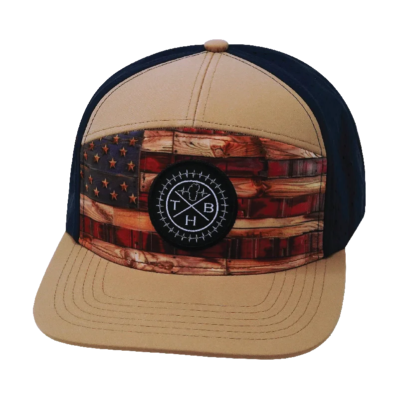 Beanies with wool blend fabrics-Color Vibes Hat | Flat Bill | Stained Flag - Light Tan - Navy