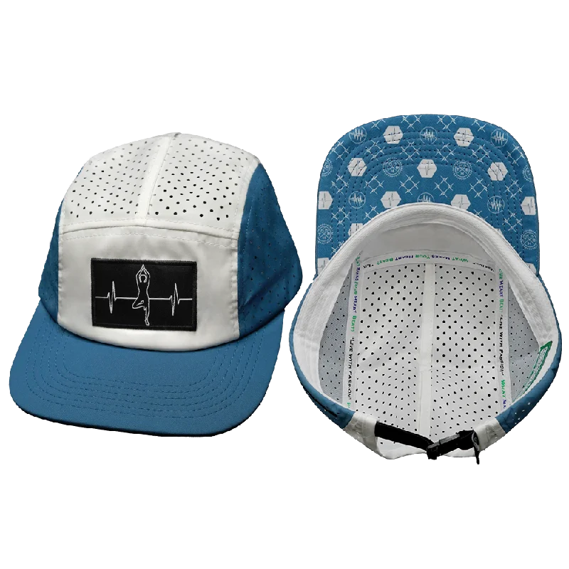 Beanies with unique pom-pom designs-Yoga Hat | 5 Panel | Ponytail |  Light Blue - White