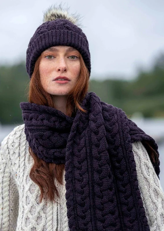 Beanies for layering with coats-Aran Cable Knit Pom Pom Hat | Plum