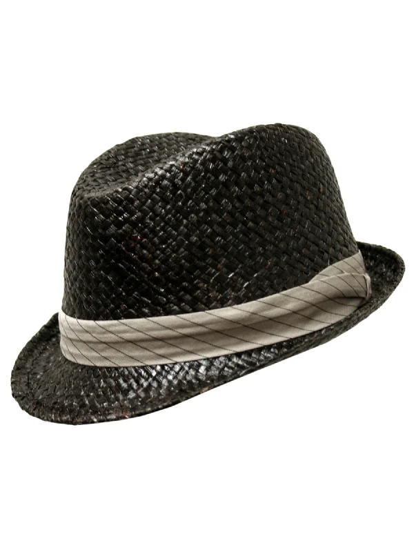 Beanies for layered cold weather outfits-Black Woven Fedora Hat With Pinstriped Hat Band