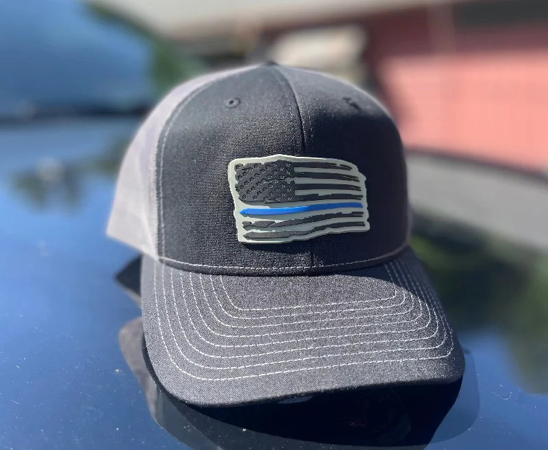 Beanies for snow activities-Thin Blue Line Police PVC Patch Hat - Black/Gray Mesh