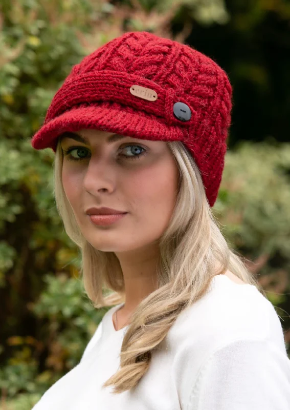 Beanies for stylish winter holidays-Aran Cable Peak Hat | Red