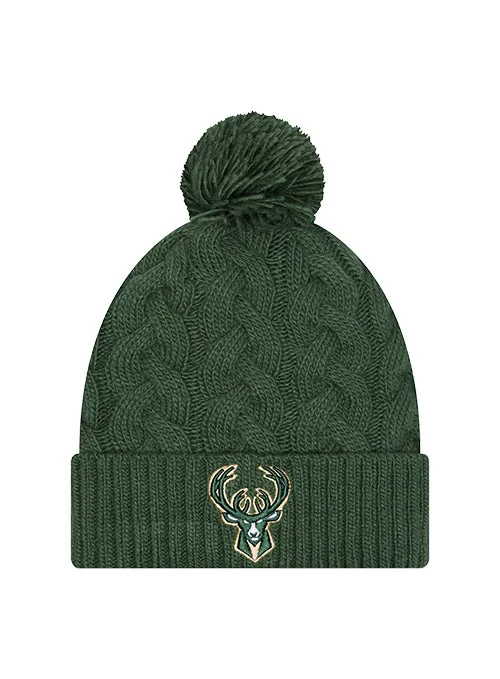 womens hats with winter designs-Women's New Era Cabled Pom Milwaukee Bucks Knit Hat