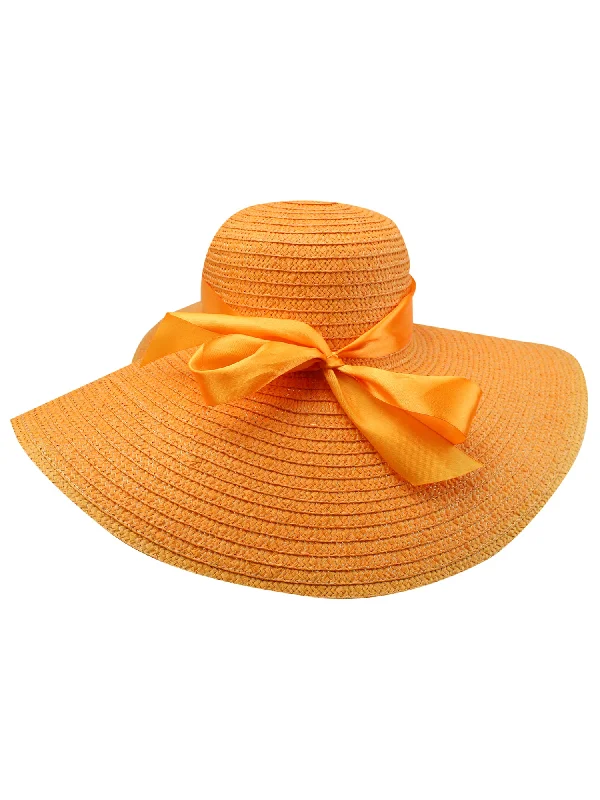 trendy summer sun hat-Orange Wide Brim Sun Hat With Satin Bow