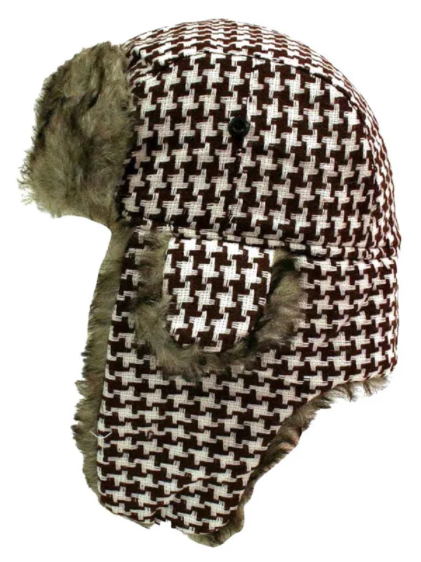 Beanies for trendy style essentials-Brown & White Houndstooth Faux Fur Lined Aviator Hat