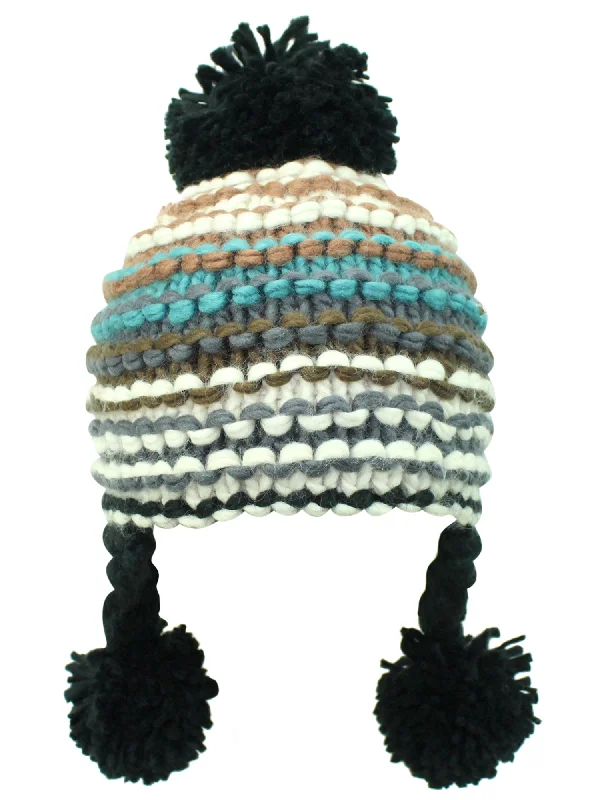 Beanies with high warmth ratings-Black Colorful Knit Pom Pom Beanie Cap Hat