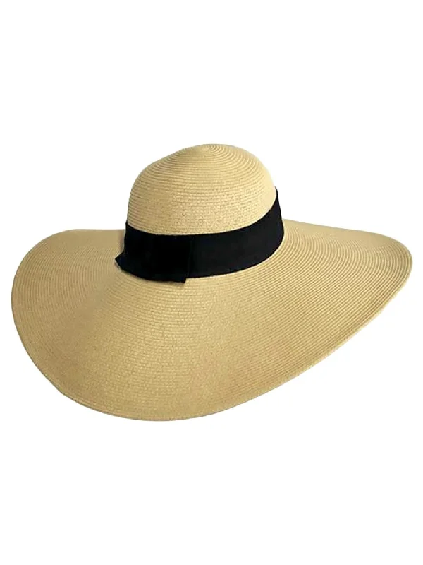 Beanies with funny sayings-Tan Wide Brimmed Floppy Hat With Black Ribbon Hat Band