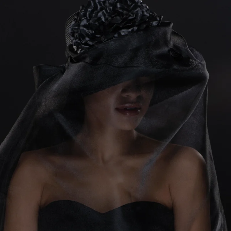 Beanies with trendy pom poms-F33001- Uneven Veil Funeral Mourning Dress Hat with Large Satin Flower