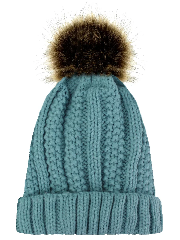 Beanies with matching gloves-Ribbed Knit Faux Fur Lined Beanie Cap Hat With Fur Pom Pom