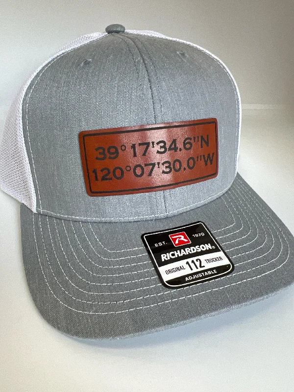 Sports headbands for women-Customized Coordinates Hat | Customized Gift Leather Patch Hat | GPS Coordinates Gift Idea | Richardson 112 Leather Patch Trucker Hat