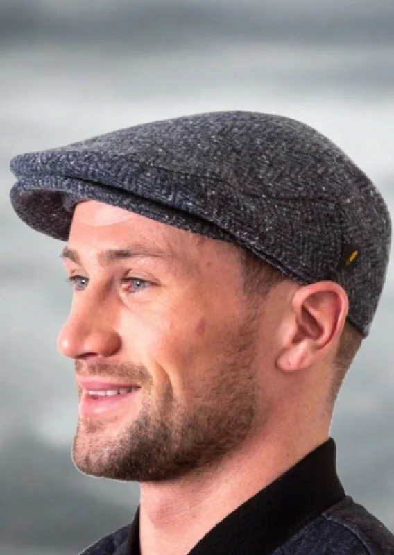 Beanies for winter fun-Donegal Tweed Herringone Flat Cap - Blue Speck