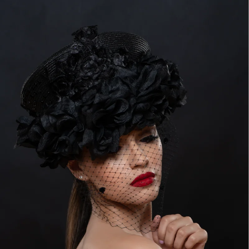 Headbands for cold weather protection-BW1418-Beaded lace dress hat with flower design