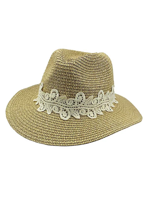 Headbands with velvet texture-Woven Straw Panama Hat With Lace Hat Band