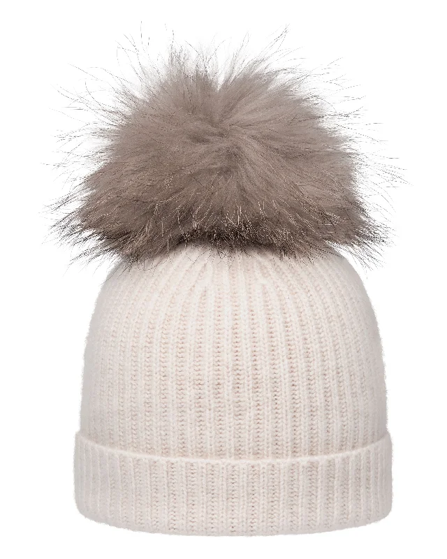 Beanies with adjustable designs-Unisex Ribbed Cashmere Hat With Detachable Pom Frost White