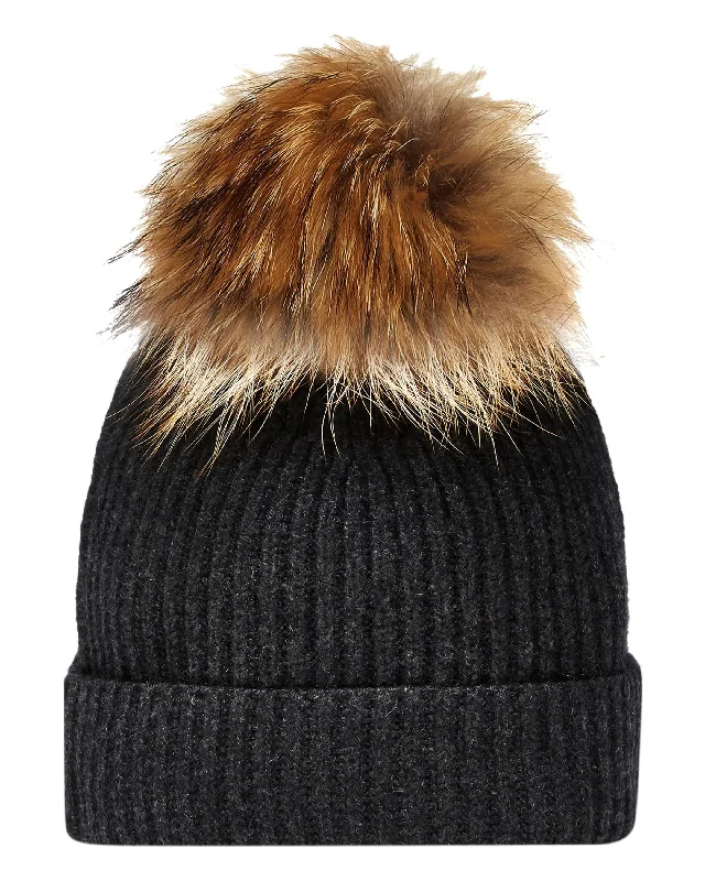 Beanies with fashionable materials-Unisex Ribbed Cashmere Hat With Detachable Pom Dark Charcoal Grey