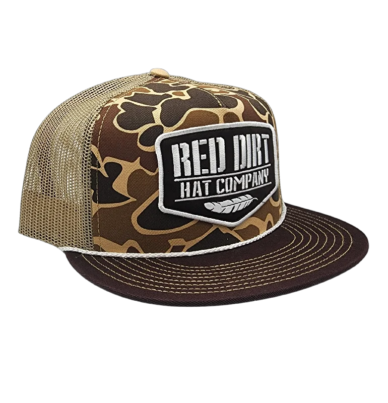 Beanies for cold mornings-Red Dirt Hat Co - Old School Duck Camo/Tan 5 Panel Flat Bill