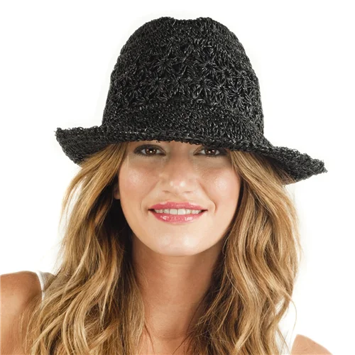 sun hat for summer protection and style-Profile by Gottex:  Women's Andros Crochet  Fedora Sun Hat - Black