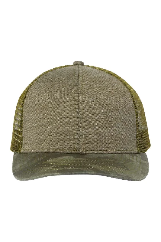 mens hats for weekend activities-Dri Duck Mens Pique Moisture Wicking Snapback Trucker Hat - Olive Green/Camo