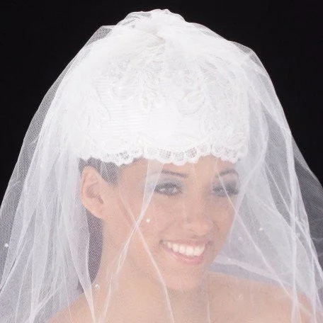 Beanies for staying warm in snowy conditions-W2007-White bridal hat straw covered in lace with long veil