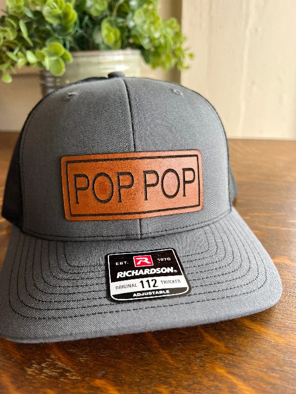 Beanies with contemporary looks-Pop Pop Christmas Hat for Dad. Richardson 112 leather patch trucker hat for Dad. Gift for Pop. Christmas Gift for dad. Dad Hat gift.