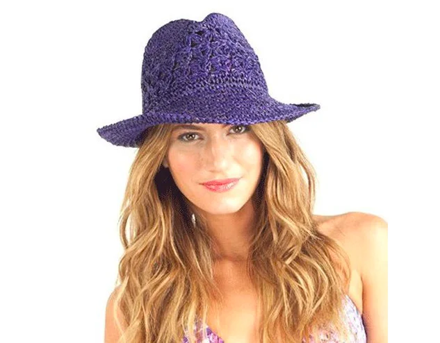 sun hat for exploring new destinations-Profile by Gottex:  Women's Andros Crochet  Fedora Sun Hat - Purple