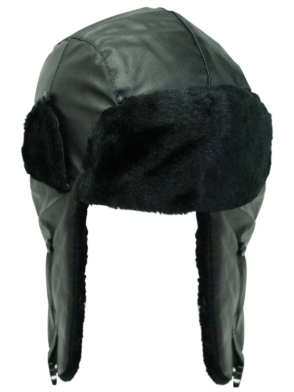 Beanies for perfect winter wardrobe-Black Pleather Aviator Cap Hat With Faux Fur Trim