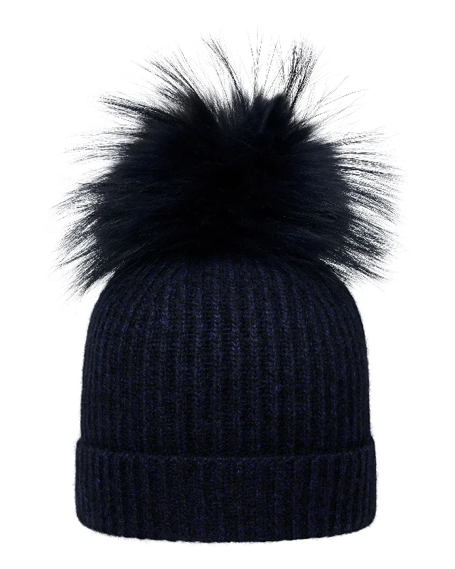 Beanies for cold but active days-Unisex Ribbed Cashmere Hat With Detachable Pom Navy Blue Melange