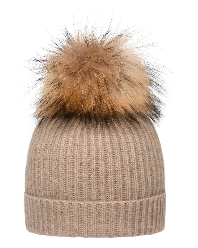 Beanies with trendy pom poms-Unisex Ribbed Cashmere Hat With Detachable Pom Oatmeal Brown