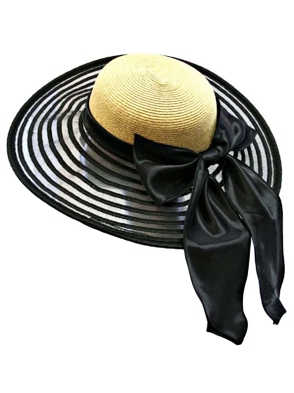 High-quality headbands-Wheat & Black Wide Brim Floppy Hat Large With Satin Bow