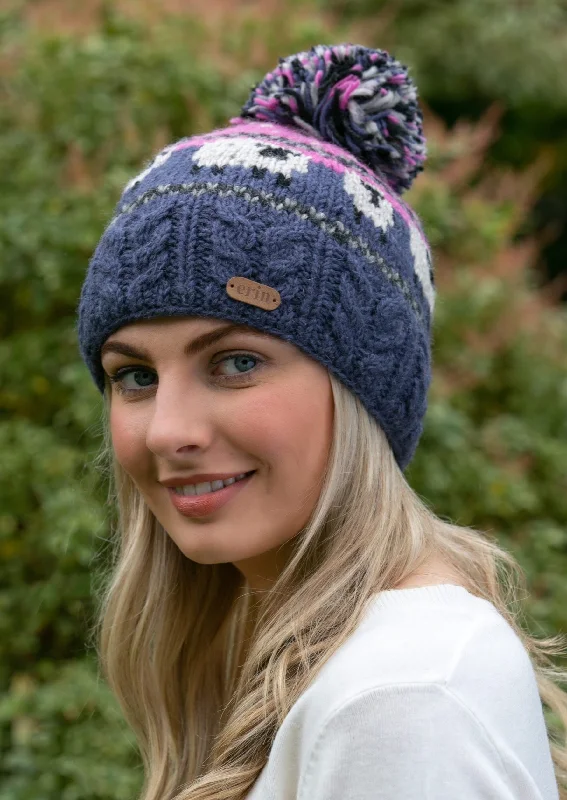 Headbands for fitness routine-Pink Blue Aran Sheep Bobble Hat