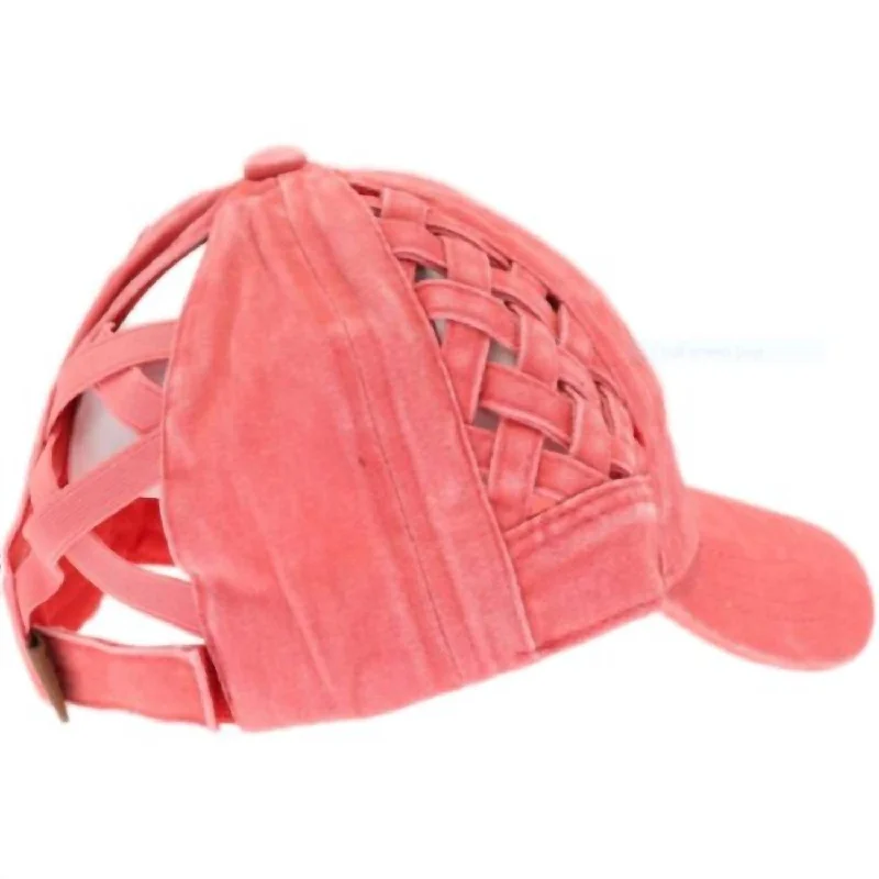 womens hats with velvet fabric-Basket Woven Criss Cross Pony Cap In Coral