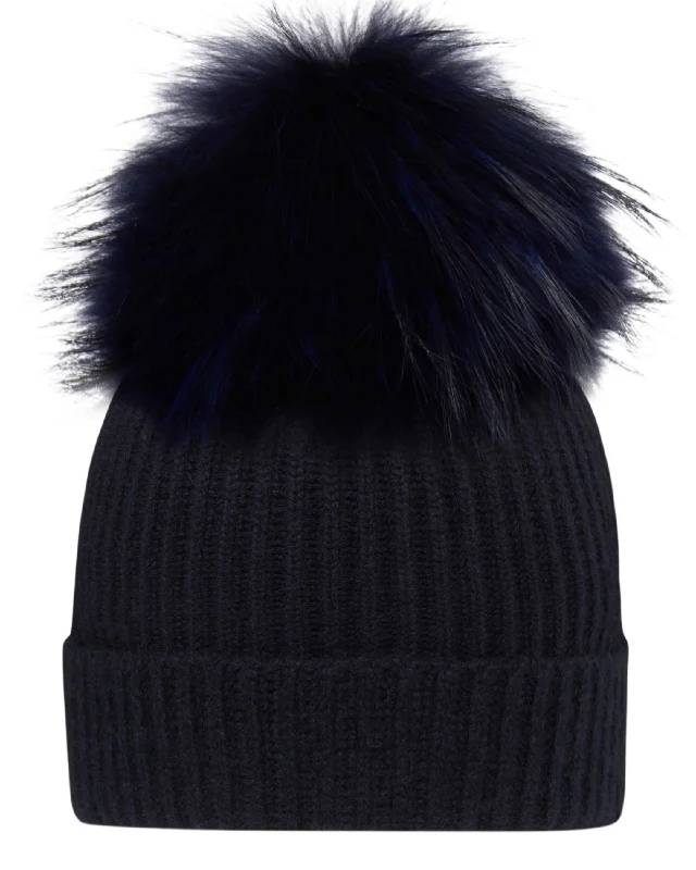 Beanies for protecting hair from the cold-Unisex Ribbed Cashmere Hat With Detachable Pom Navy Blue