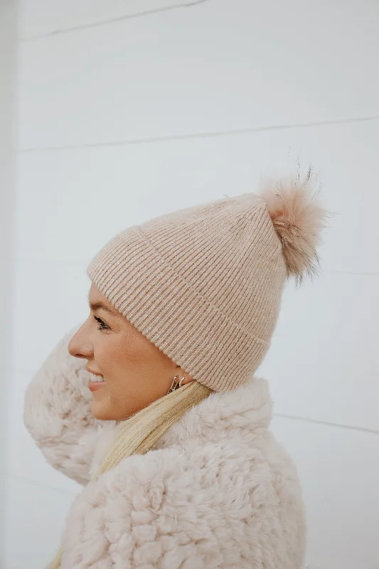 Headbands for fitness-Ronnie Pom Pom Beanie in Blush