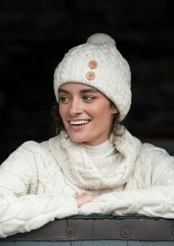 Headbands with sequins-Aran Supersoft Merino Button Hat | Natural