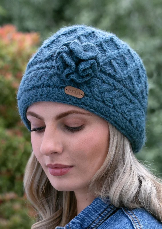 Headbands with neutral tones-Aran Trellis Flower Hat | Denim